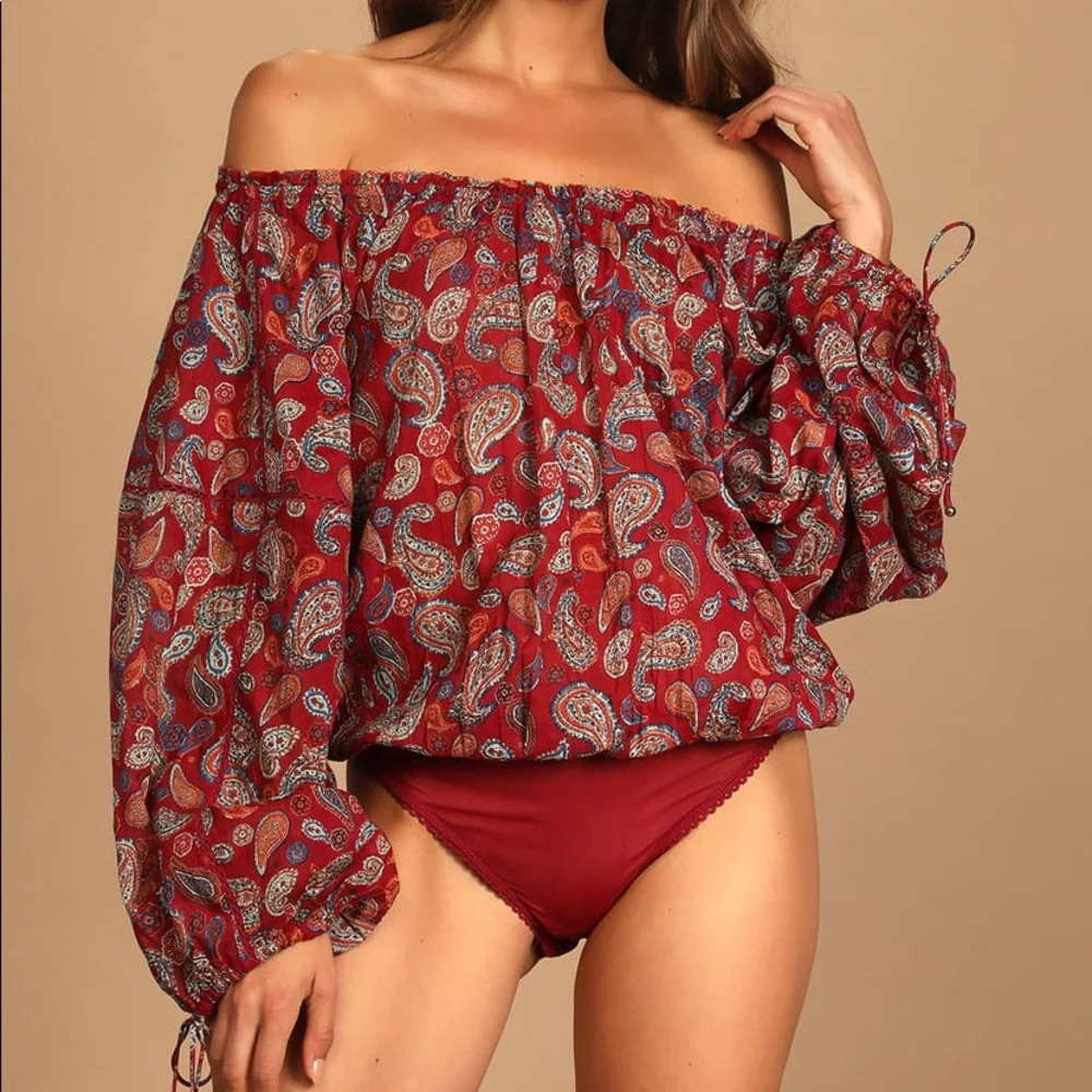 Free People Sundown Rust Red Paisley Print Off-the-Shoulder Bodysuit - Picture 3 of 10